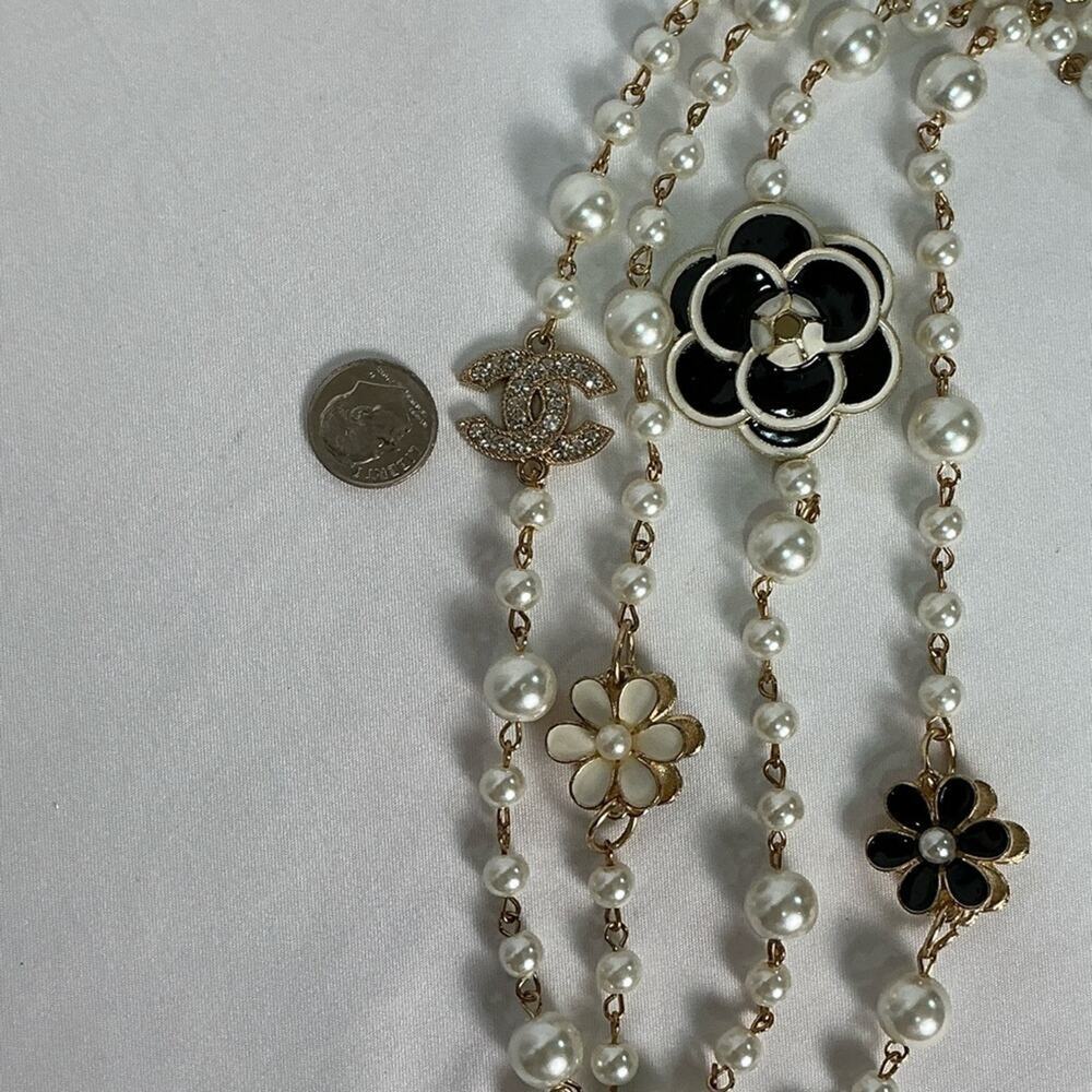 Pearl & Gold Flower Necklace Simulated Faux Pearl Strand Layers Chanel extender - Picture 7 of 10